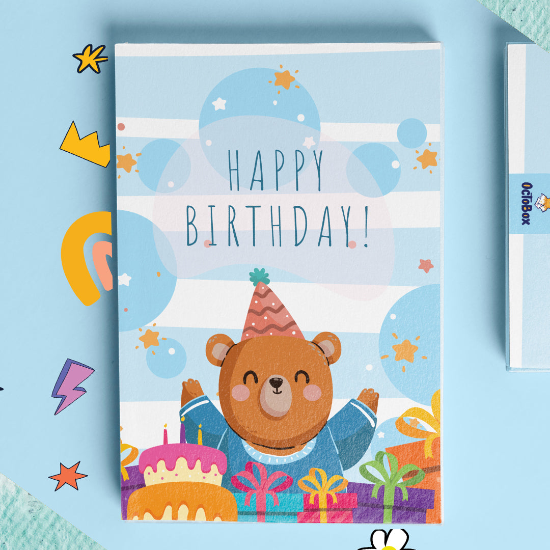 White Baby Blue Striped Cake and Candles Happy Birthday with Bear