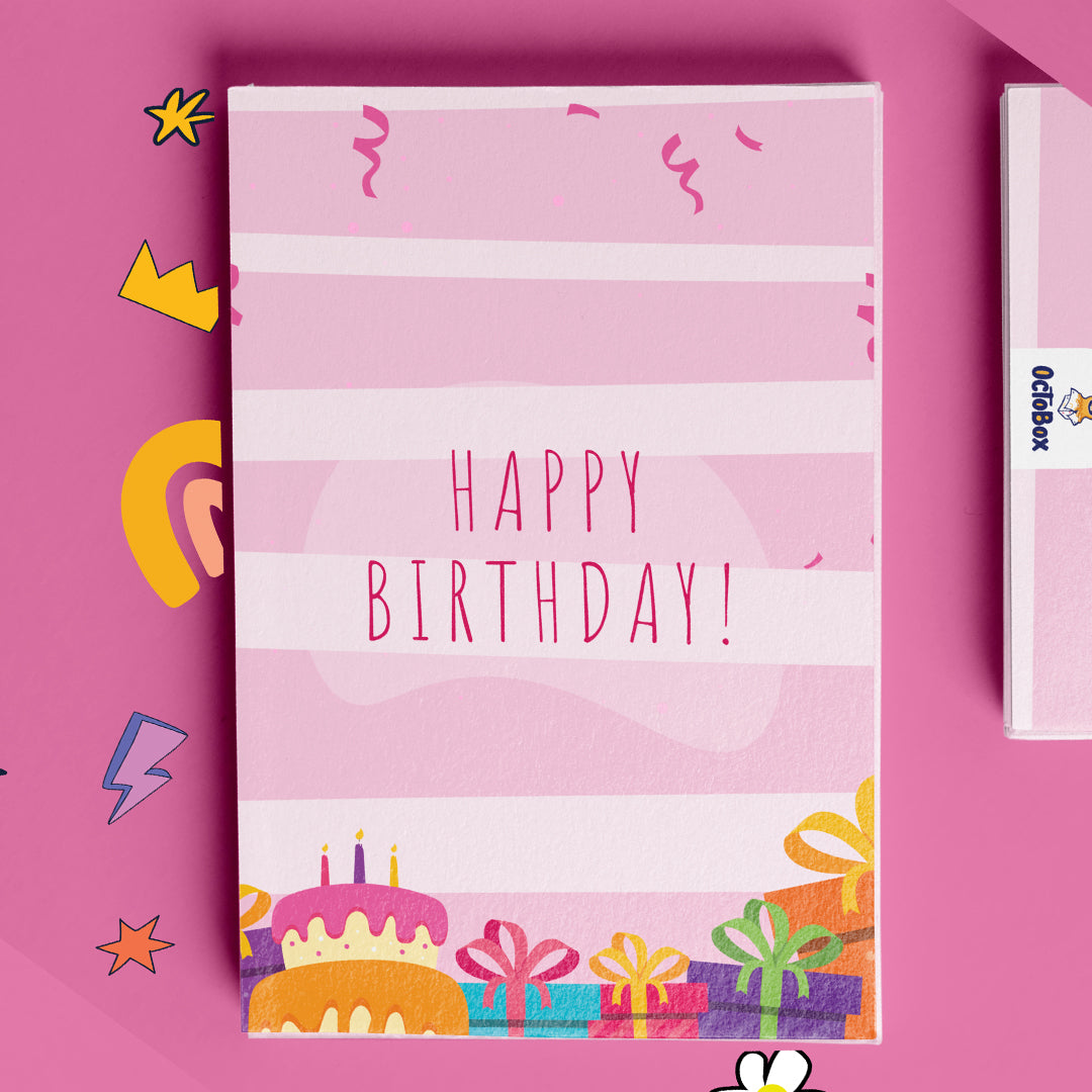 White Pink Striped Cake and Candles Happy Birthday